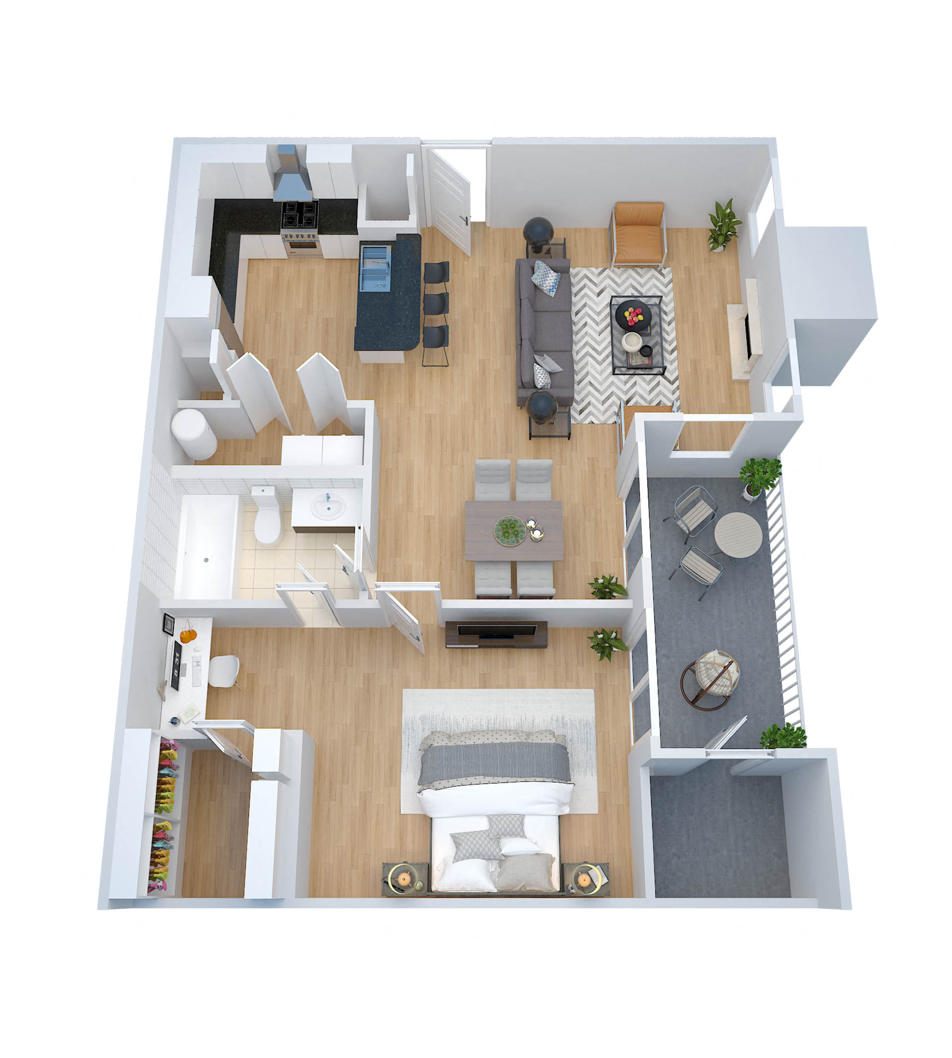Floor plan for 1 bed, 1 bath, 749 sqft